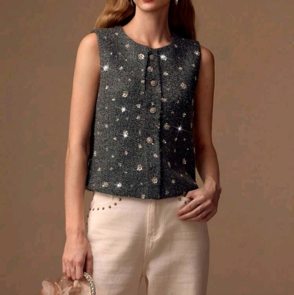 WOMEN WOOL BUTTON FRONT SEQUIN TANK TOP - Picture 1 of 4